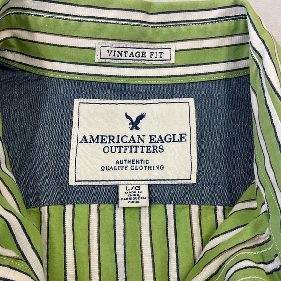 AMERICAN EAGLE Men’s Vintage Green Striped 100% Cotton Button Front Shirt, sz LG - Picture 4 of 10